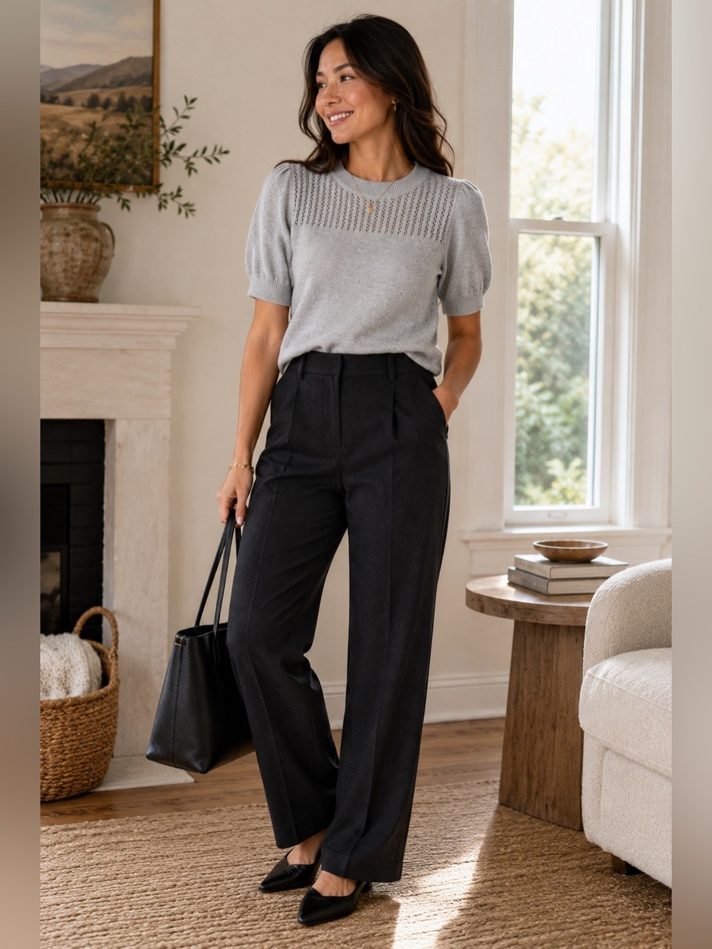 Banana Republic Gray Pointelle Puff Sleeve Sweater Tee XS